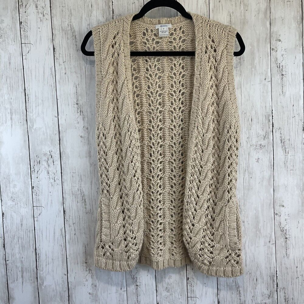 Aeve Seeater Vest Cardigan Womens Small Tan Cream Baby Alpaca Hand Woven Grandma
